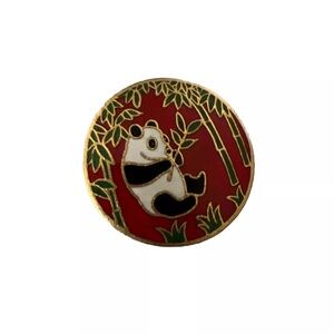 Vintage Panda Bamboo Trinket Cloisonné Pill Round Red  Asian Brass Enamel